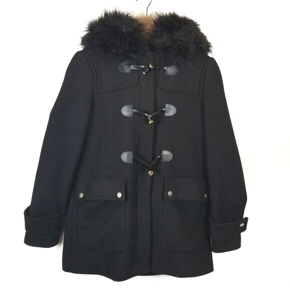 Zara Woman Black Faux Fur Trim Hooded Toggle Button Duffle Coat Size Medium - Picture 1 of 9